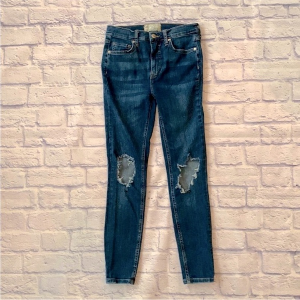 Free People Busted Knee Skinny Jeans Mid Rise Medium Wash Blue Denim Size 27